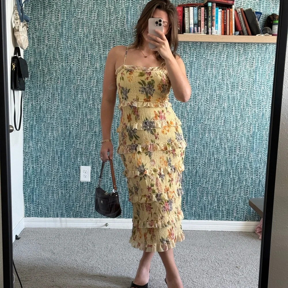 Let me Be Anthropologie Yellow Floral Ruffled Midi Dress - Picture 6 of 6